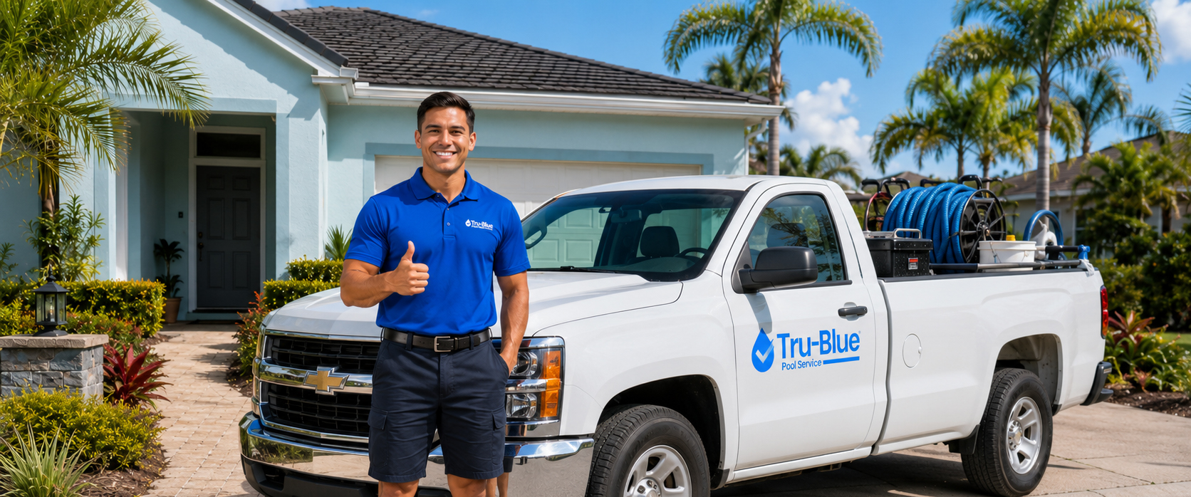 Smiling Tru-Blue pool technician in front of a Tru-Blue service truck